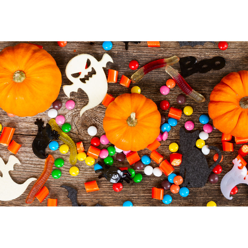 Halloween Candies On Wood - Wrapped Canvas Print, 30cm H x 46cm W x 3.8cm D
