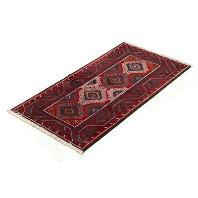 Tapis décoratif en laine rouge foncé de conception unique 3 pi 1 po x 5 pi 11 po noué à la main new age rizbaft