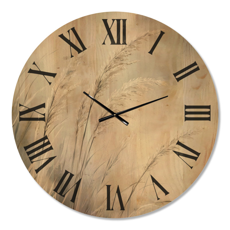 Plumes de roseaux balayées par le vent - Horloge murale ronde minimaliste, impression sur bois, Extra Large