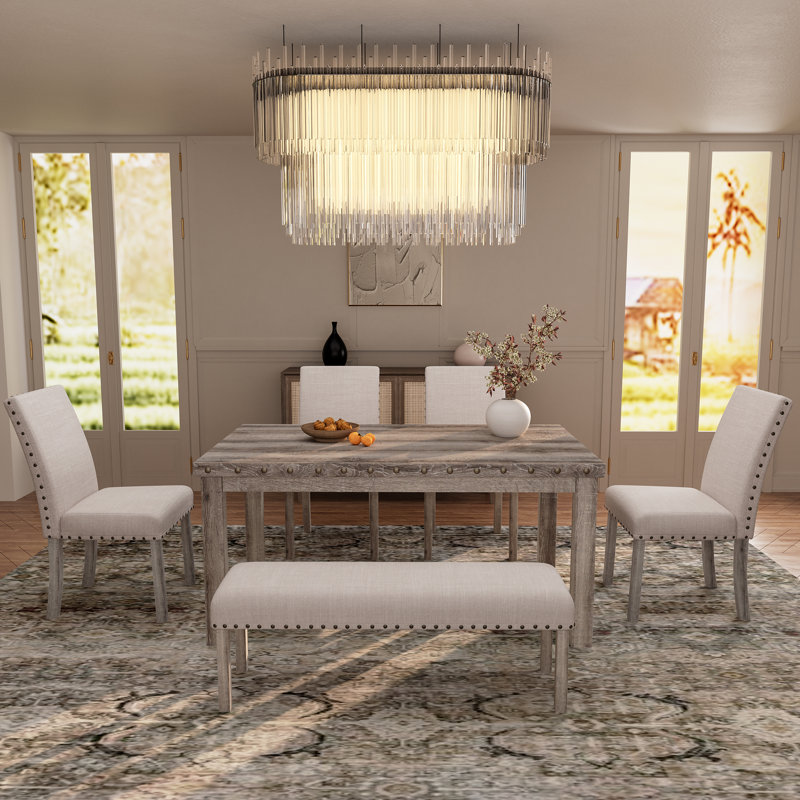 Fort 6 - Pieces Farmhouse Dining Set, Wooden Table with Chair and Bench Set for 6