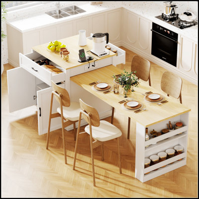 Îlot de cuisine de 82,7 pouces avec table de salle à manger, plateau en faux marbre, rangement double et prises de courant pour cuisines modernes