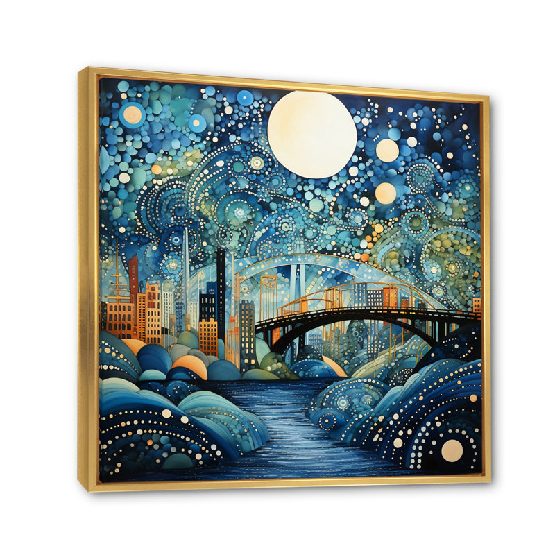 Pont sarcelle, connexions fluides, pointillisme I, Cadre flottant doré, H 30 po x l 30 po x P 1 po