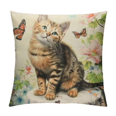 2pc Cute Cat Butterfly Pillow Covers Lovely Cartoon Pattern Beige Background Throw Pillowcase for Home Decor 18x18in