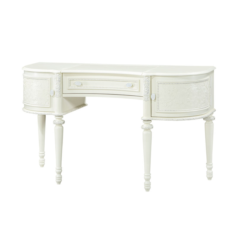 Ivory Pine Wood Vanity Desk with Mirror and Floral Trim