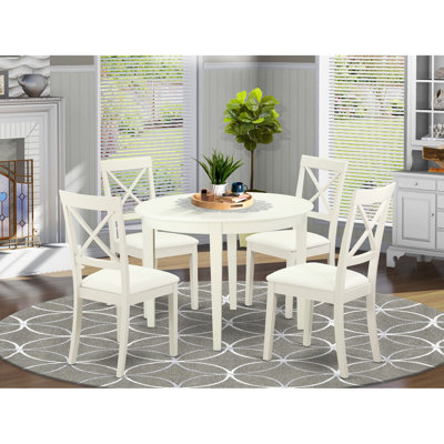 5 Piece Dining Set Includes a Round Dinner Table and 4 Faux Leather Kitchen Dining Chairs, 42x42 Inch, Linen White