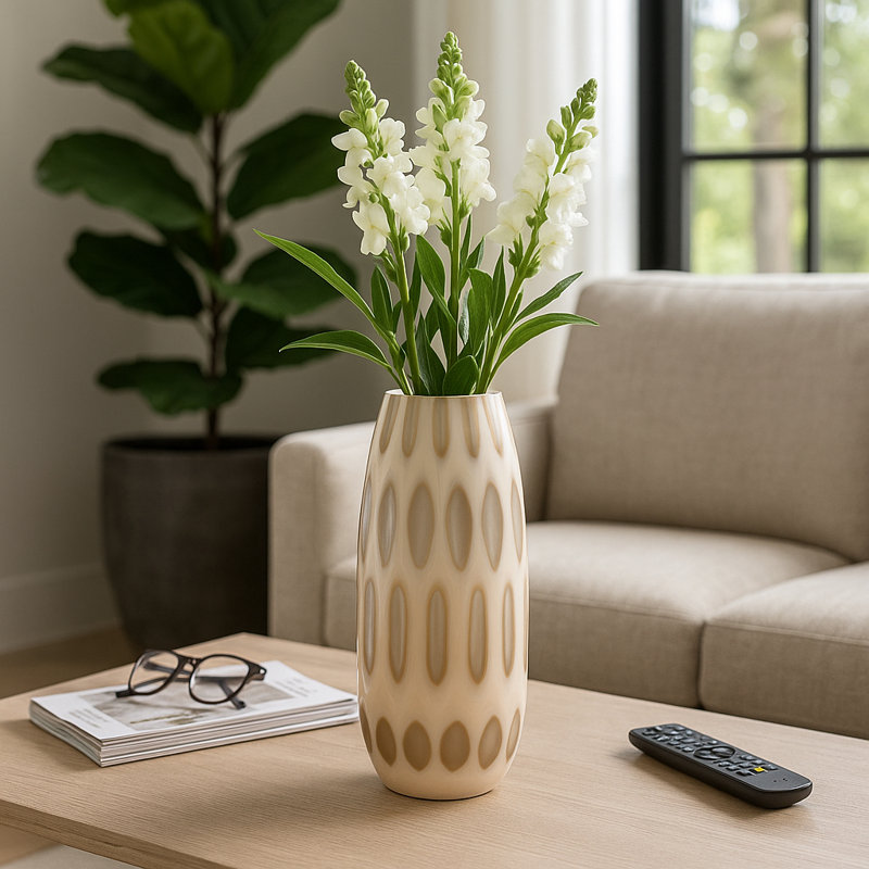Modern Glass Vase with Sculptural Oval Pattern Design for Home Table Decor - Decorative Tall Flower Vase Accent for Shelf, or Living Room Styling - Tan
