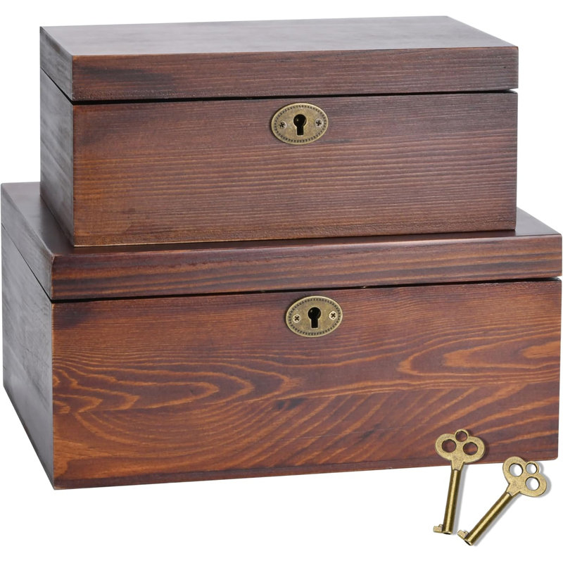Wooden Box with Hinged Lid - 2 Pack - Vintage Decorative & Lockable Chest - Walnut-Like Wood Finish, Aged Brass Hinges & Antique Lock