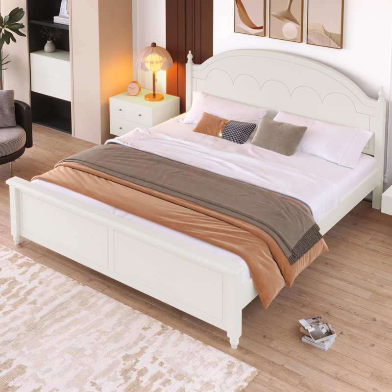 Cadre de lit grand lit en bois avec tête de lit arquée - Lit plateforme classique, finition blanche, Blanc, Grand lit