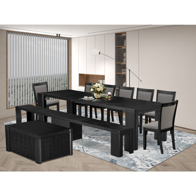 10-Pc Dining Table Set a Kitchen Table with a coffee Table and a wooden Bench & 7 Dark Gotham Grey Fabric Dining Chair, Wire Brushed Black