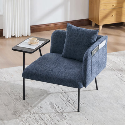 Fauteuil de loisir, fauteuil de détente avec petite table et coussin de dossier, chaises rembourrées modernes avec pieds en métal et poches latérales, canapé simple pour le salon / la chambre / le jardin