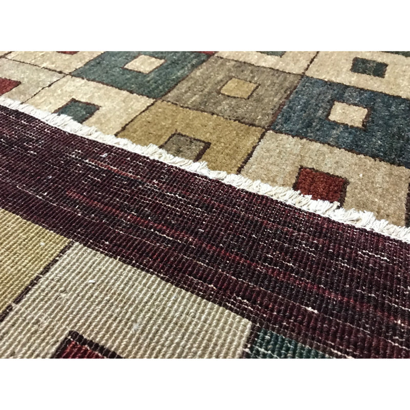 Tapis bleu, orange brûlé et beige noué à la main de haute qualité