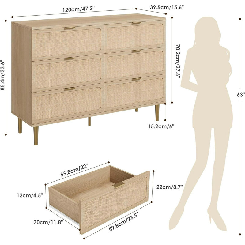 Commode 6 tiroirs Rattan, Jaune