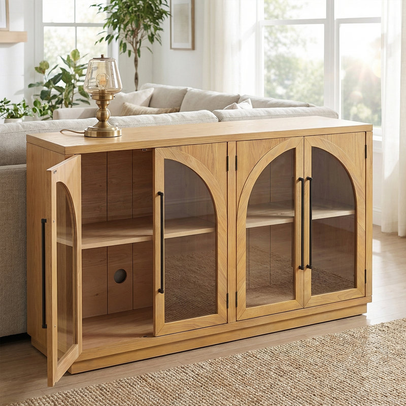 Large Storage Sideboard With Glass Doors And Unique Arched Design For Dining Room, Brown;Yellow