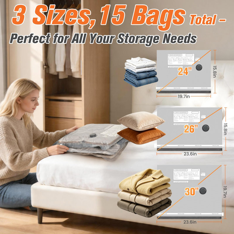Vacuum Storage Bags with Rechargeable Pump, Compression Packing Bags for Luggage and Suitcase, 15 Pack, (Grey)