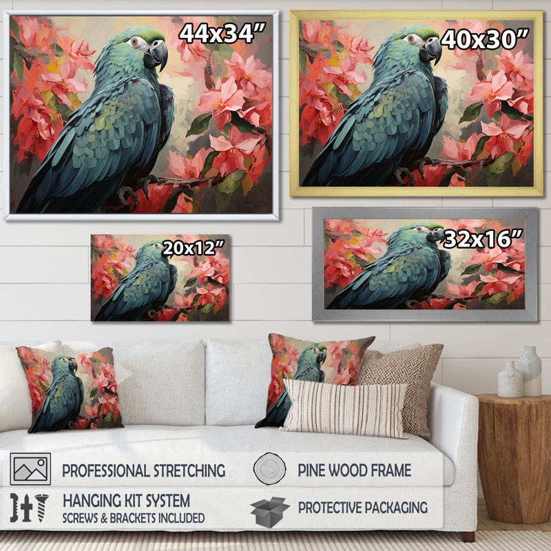 «Blue and Pink Parrot Paradise I», art mural perroquet, Cadre d'angle fermé noir, H 12 po x l 20 po x P 1 po