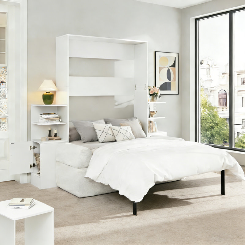 Lit escamotable double avec canapé-lit, armoire de rangement intégrée et tablettes, Blanc