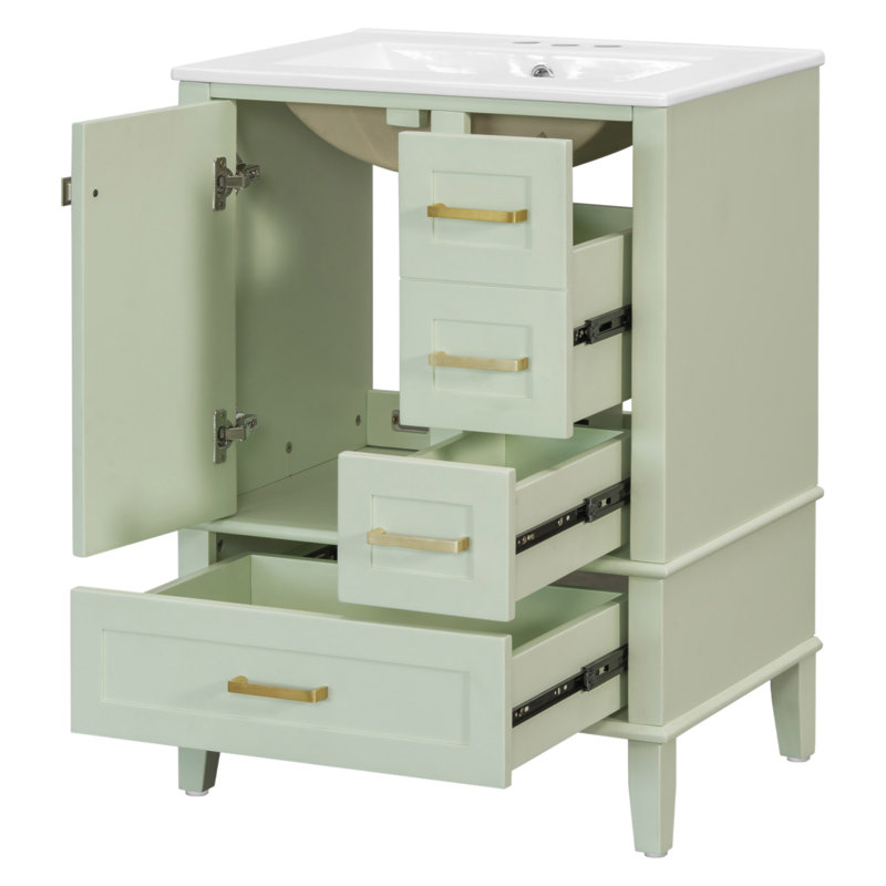 Meuble-lavabo de 24,8 po avec lavabo en céramique, armoire autoportante moderne avec porte à fermeture en douceur, tiroir profond, tiroir peu profond et tiroir large pour un rangement peu encombrant