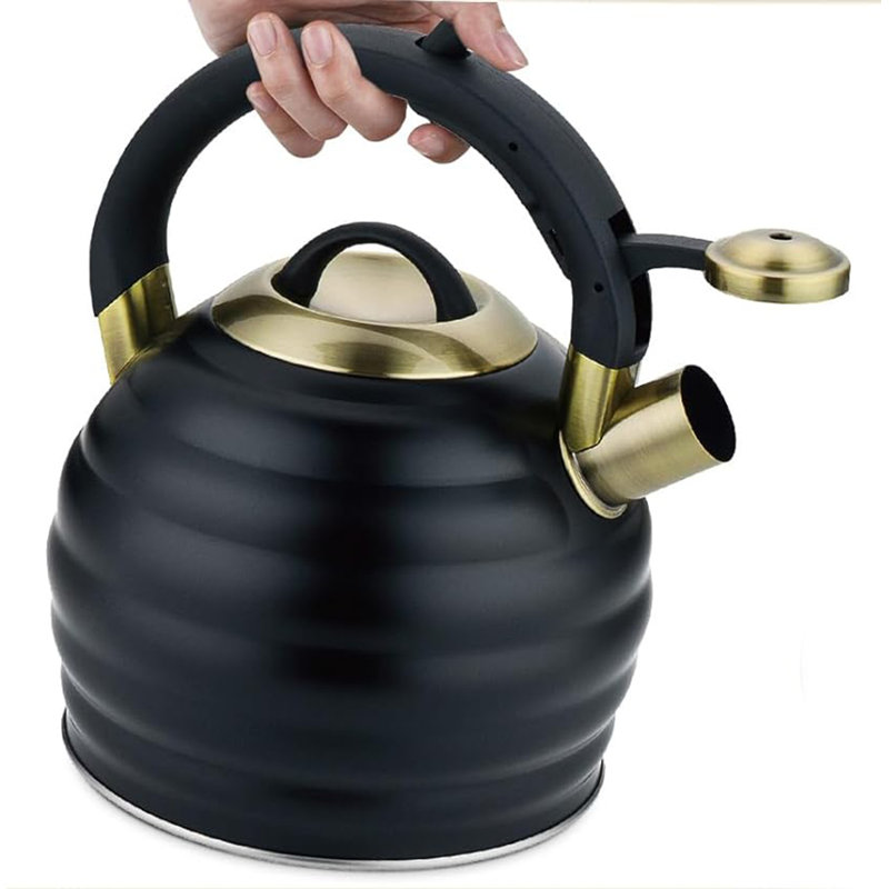 Bouilloire à sifflet en acier inoxydable avec base à 5 couches, à déclenchement à une main, compatible avec une cuisinière et à induction