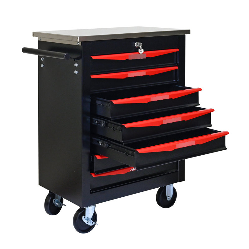 Chariot d'atelier en métal avec 7 tiroirs et maniabilité facile - fini noir et rouge flexible, Noir / Rouge