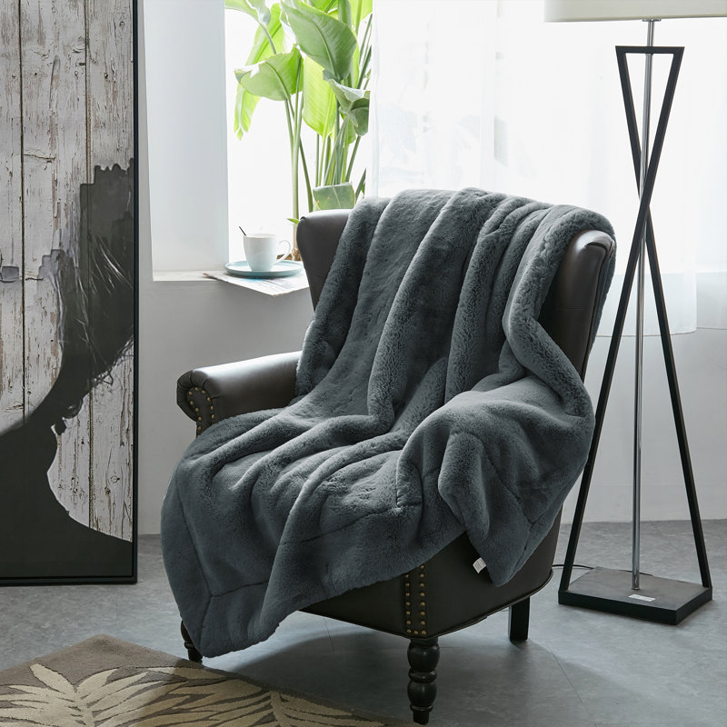 Jeté lourd en fausse fourrure, L 60 po x L 80 po, Gris anthracite