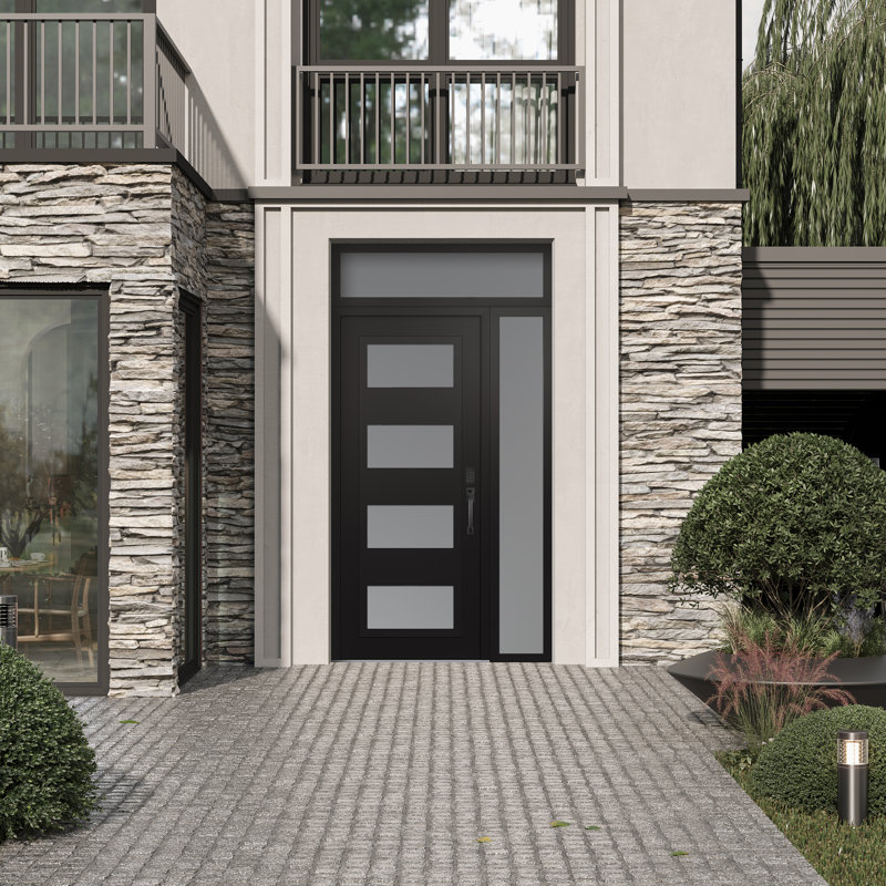 Panneau d'entrée en acier noir à panneau noir et blanc avec panneau latéral pré-monté, L 95,69 po x H 53,25 po, Gauche