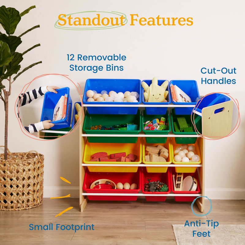 Natural Wood 4-Tier Organizer with Primary Color Bins