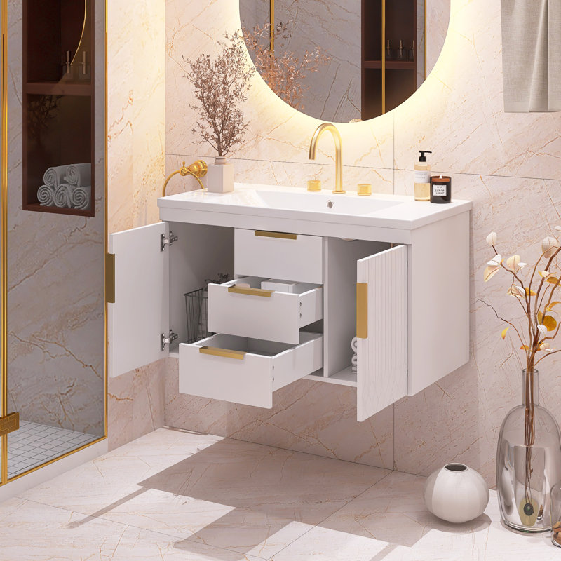 Meuble-lavabo mural moderne 36 po avec lavabo en résine, Blanc