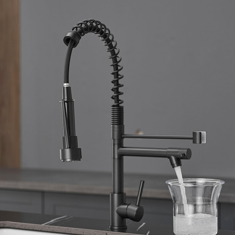 Robinet d'évier de cuisine avec bec rétractable, acier inoxydable, noir, à corrosion, disques en céramique à poignée simple