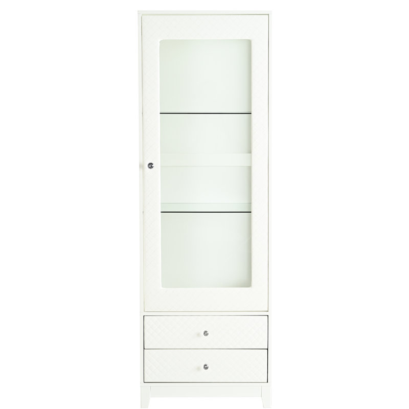 Armoire à vin autoportante de 71 po avec tablettes réglables, portes rembourrées, 2 tiroirs de rangement, porte vitrée, plafond à DEL 5 couleurs, vue panoramique à 180 degrés pour une salle à manger - éléments blancs,