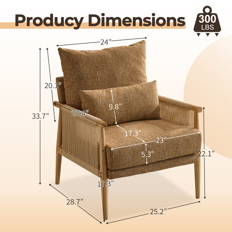 Fauteuil d'appoint 2 pièces en chenille jaune avec coussin, Jaune