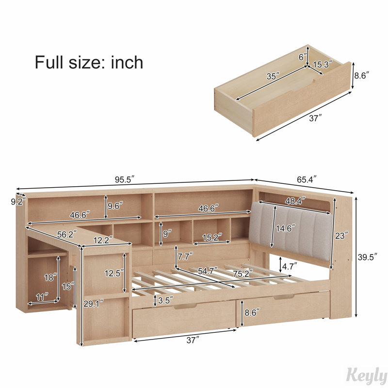 L-shaped Wooden Daybed with Desk and Storage Bookcase, Natural, Full