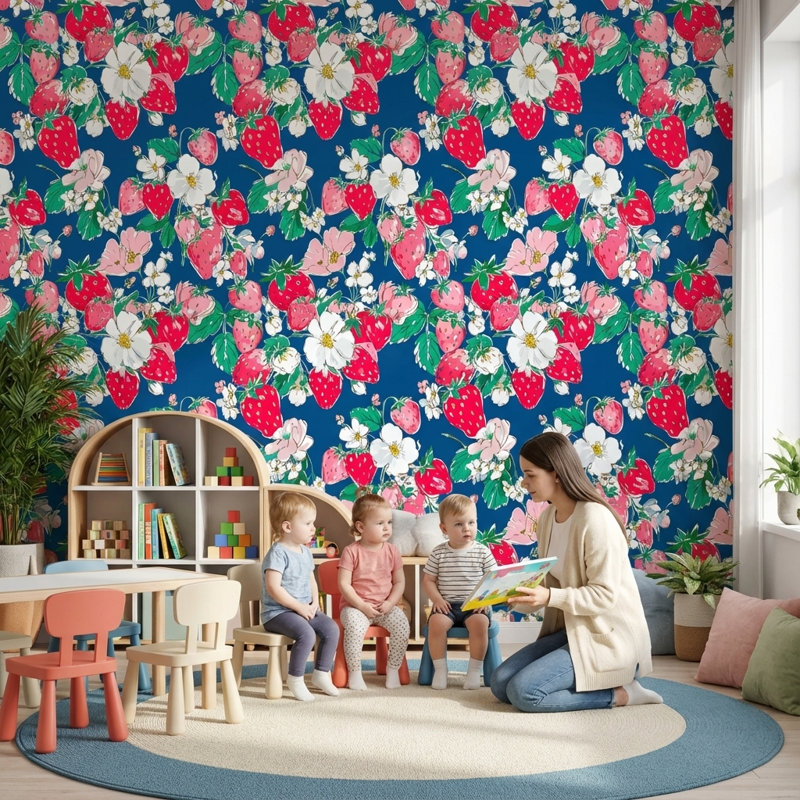 Papier peint floral avec fraises et décoration murale bleue