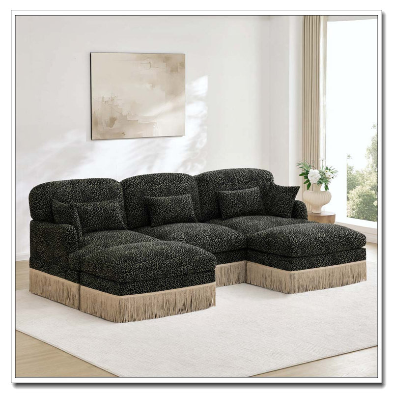 Canapé Comfy Chenille Leopard, Vert + 3 sièges + 2 repose-pieds