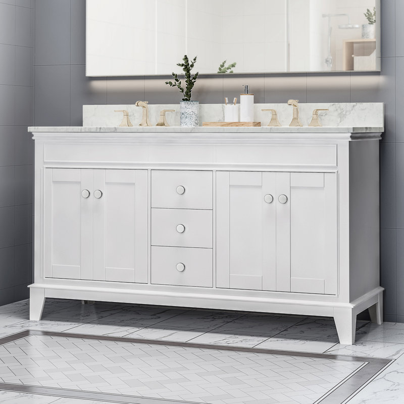 Meuble-lavabo à double cuve 61 po avec plateau en marbre, null