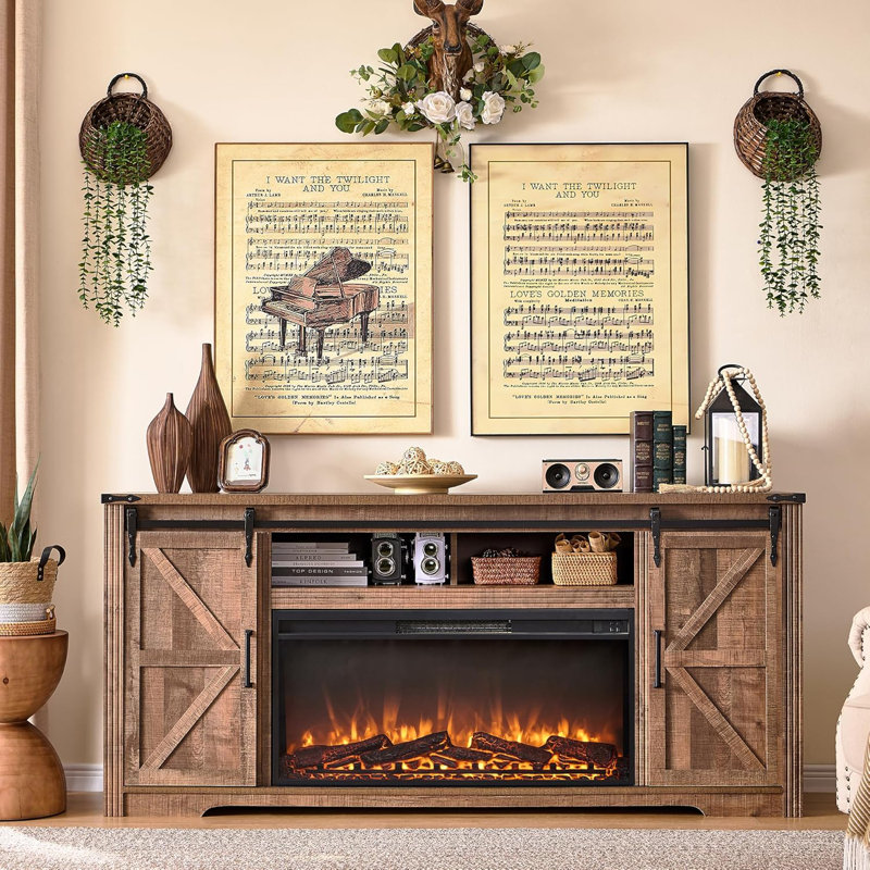 Marckson 70'' Barn Door TV Stand with 36" Electric Fireplace,  Fireplace TV Stand For TVs Up To 80" with Storage Drawers