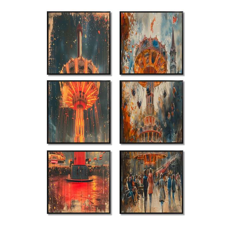 Carrousel jaune et gris rétro - parcs d'attractions, ensemble de 6 reproductions d'art sur toile, Noir
