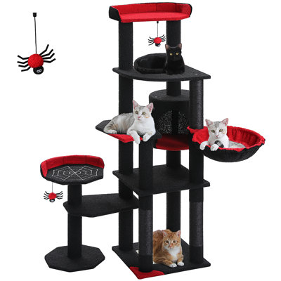 Cat Tree, Tall Cat Tree For Large Cat, Multi-Level Cat Tower With 3 Removable Pompom Sticks, Cat Tree For Indoor Cats, Cat Condo With Large Hammock, Scratching Post, And 2 Perches