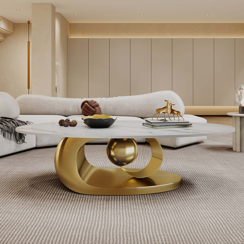 Marble Coffee Table with Sculptural Stainless Steel Base, Gold