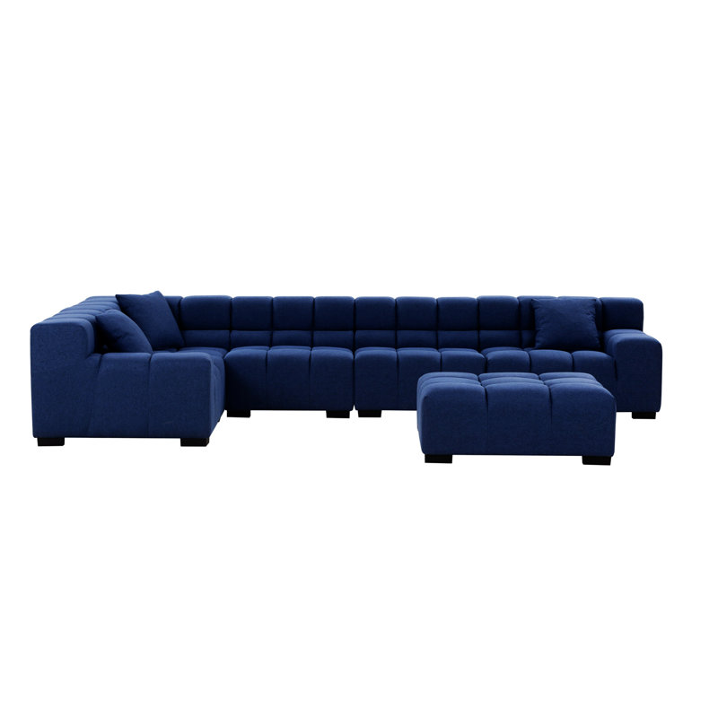 Large canapé modulaire de coin avec repose-pieds faisant face à la droite, Orienté à gauche (vu de face), Bleu 100% lin