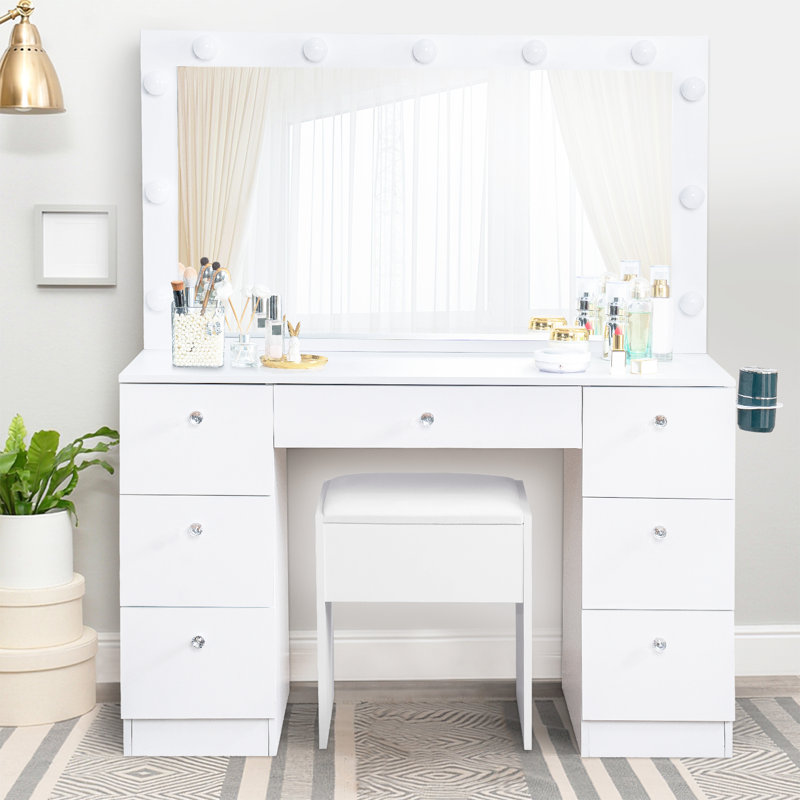 Ensemble de coiffeuse 46 "avec miroir, 11 lumières DEL, luminosité réglable et 3 modes d'éclairage, chaise et 7 tiroirs
