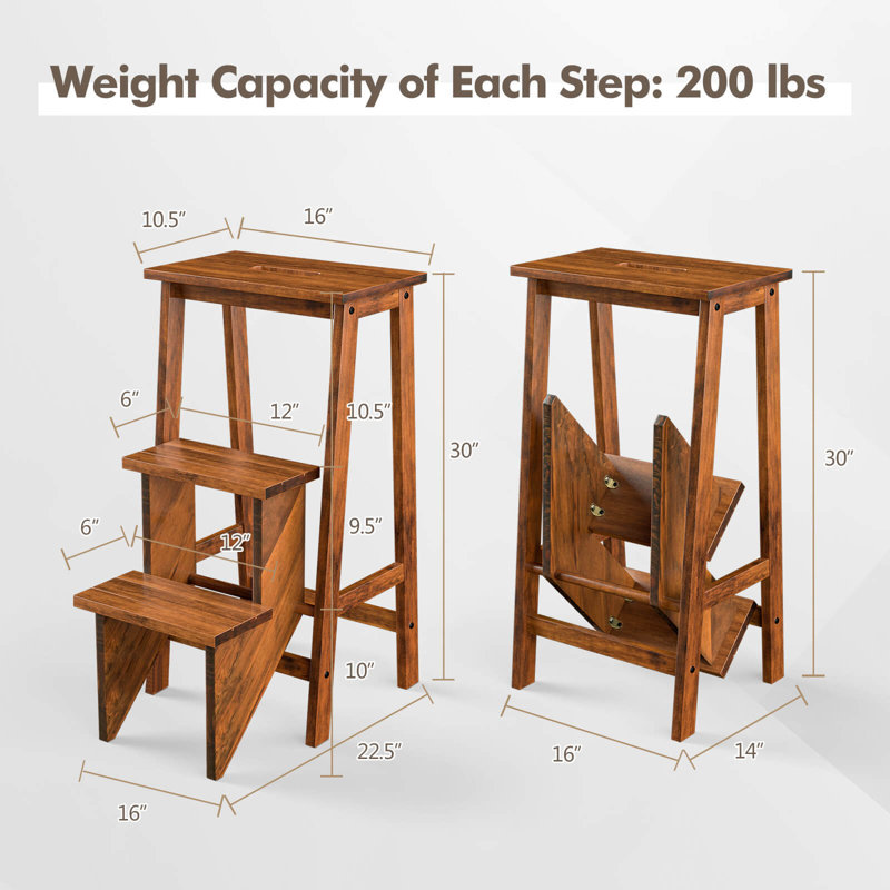 Banc échelle en bois d'hévéa pliable Fletchley, Brun
