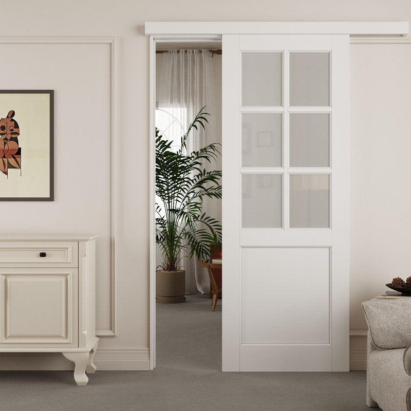 Porte de grange en verre givré 6-Lite avec ensemble de quincaillerie cachée prête à installer, 28 po x 80 po