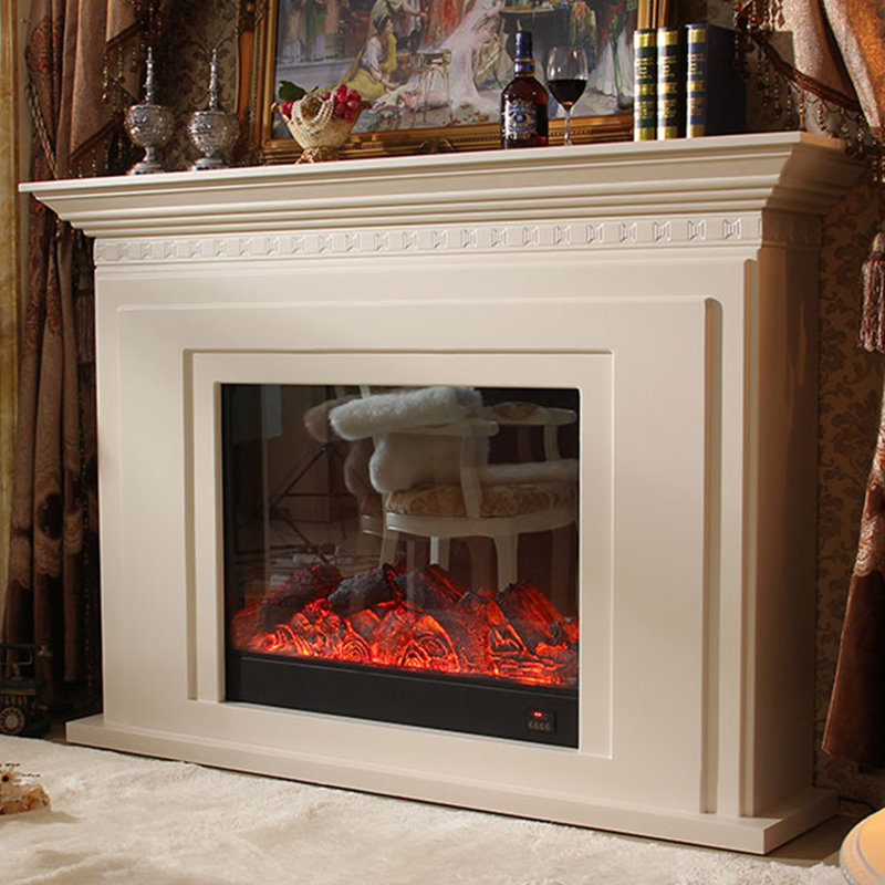 Beige Solid Wood Electric Fireplace
