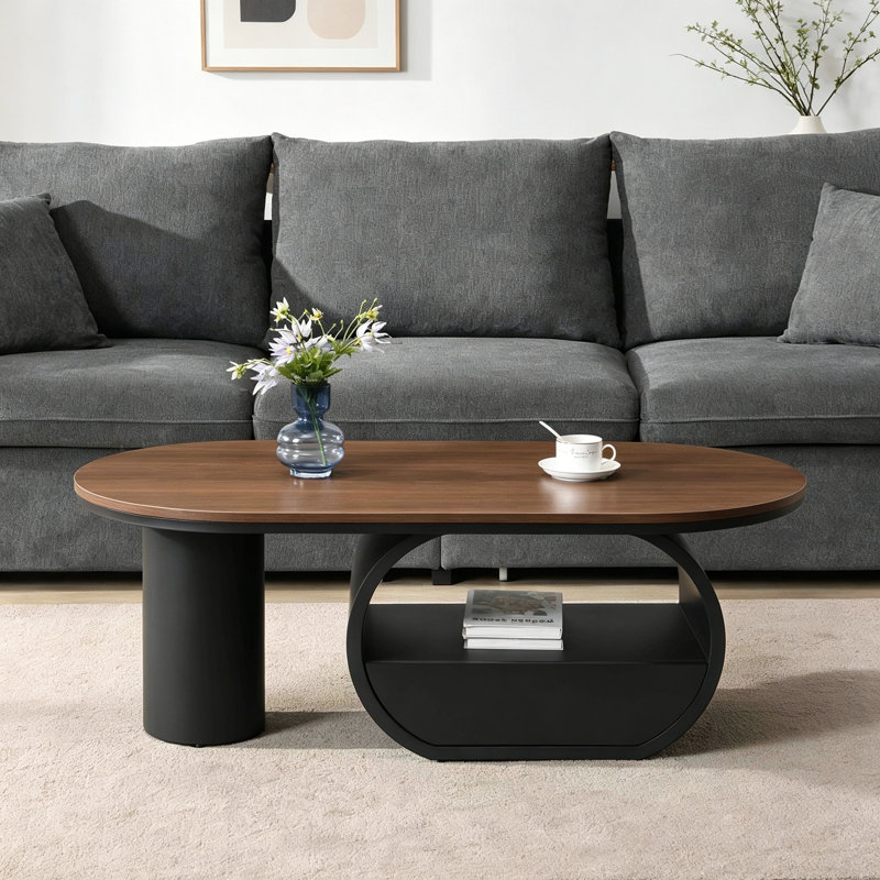 Oval Coffee Table with Storage Drawer, Black