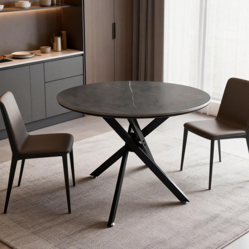 35.5“ Round Sintered Stone Dining Table With Metal X-Base – Modern Kitchen & Small Space Round Dining Table, Gray