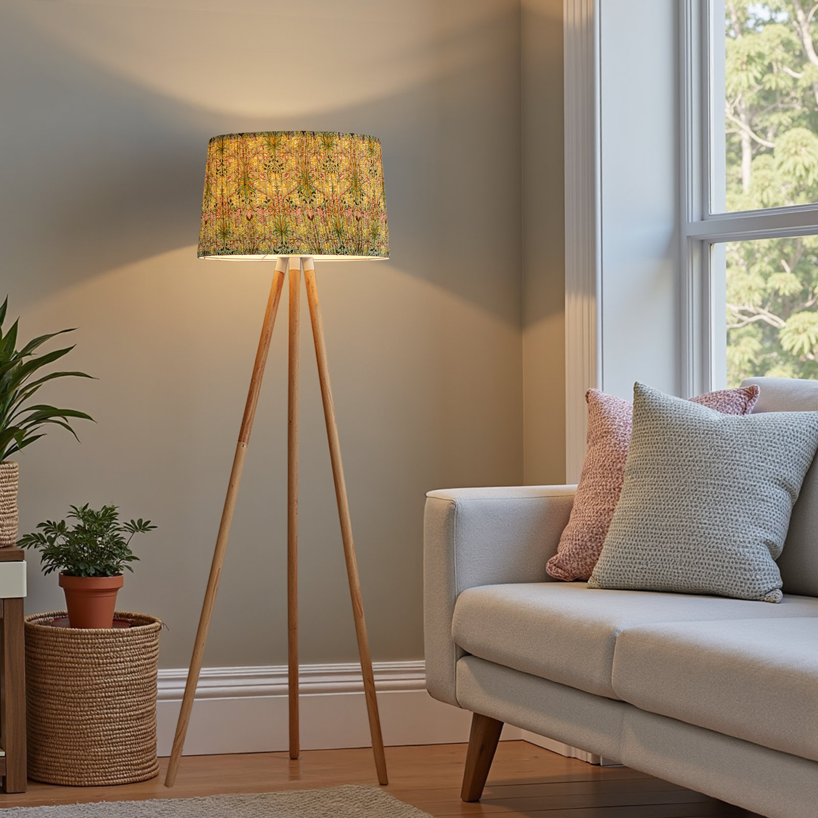 George Oliver 58'' Tripod Floor Lamp with Vibrant Green Ditsy Floral Shade, Solid Wood & Reviews | Wayfair