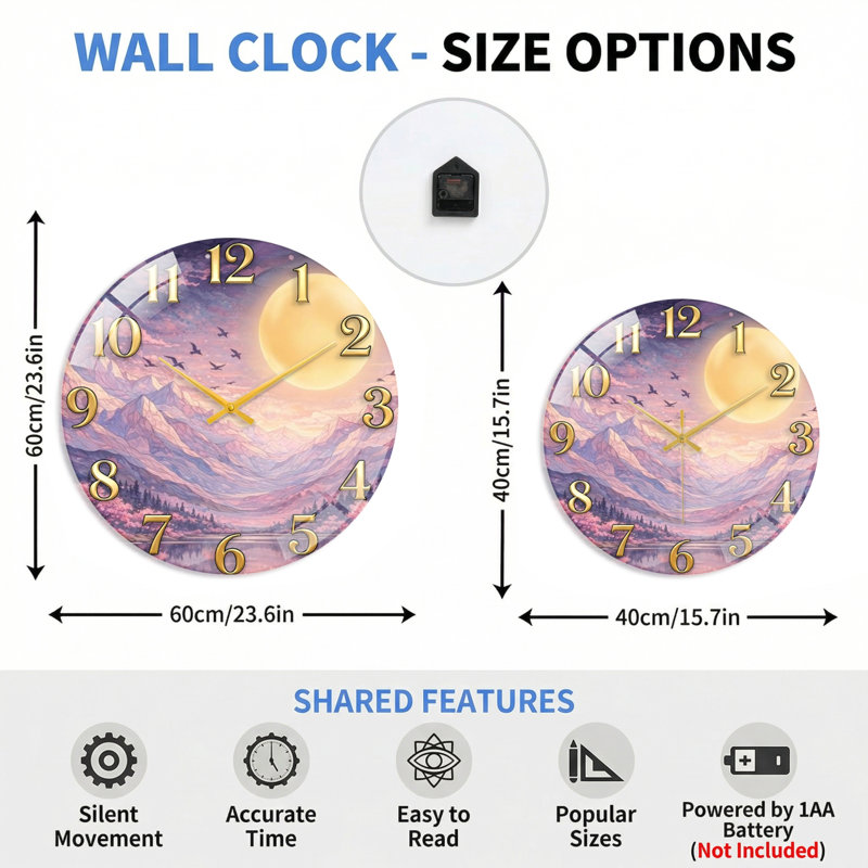 Horloge murale en verre Mountain, 60 x 60 cm (23,6 x 23,6 pouces)