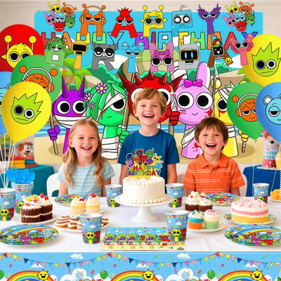 Roblox - Dandy's World Birthday Party Backdrop Decor Decorations, 118 Pcs Dandy's World Party Supplies & Dandy's World Party Tableware for Kids Set
