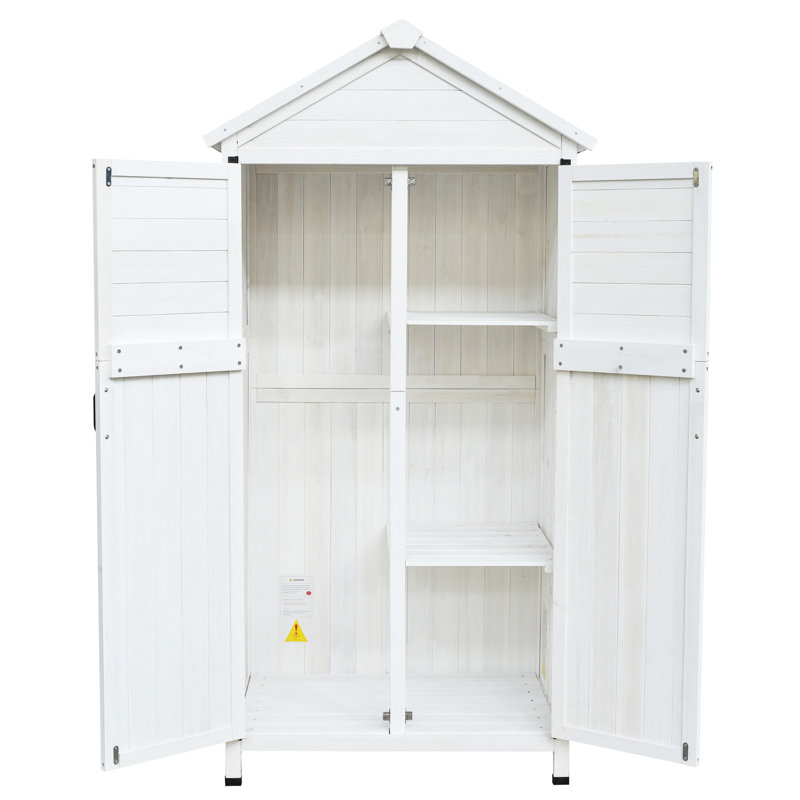 67" White Fir Wood Outdoor Storage With Four Compartments For Garden Shovels Shed Smooth - Opening Double Doors And Organized Interior