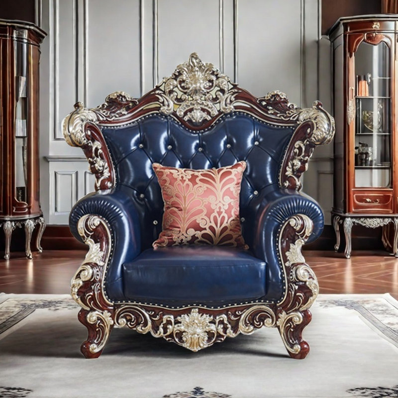 Fauteuil luxueux luxueux en cuir véritable sculpté en bois massif de 51 po de largeur